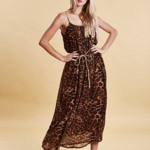 Wholesale Brown leopy print maxi dress with gold straps