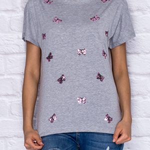 Wholesale T-shirt with sequin butterflies grey