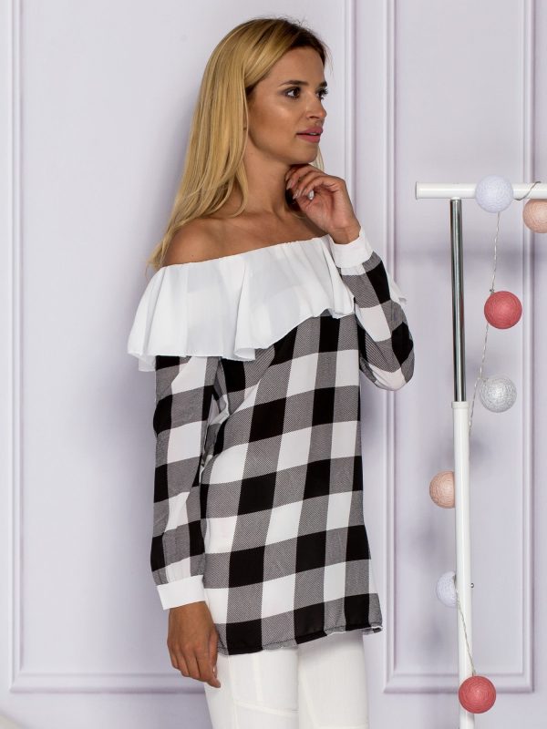 Wholesale White and black plaid blouse with flounce