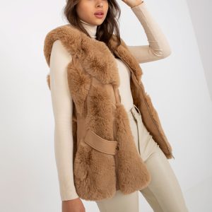 Wholesale Camel Women's Eco Leather Vest with Fur