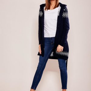 Wholesale Navy Blue Patterned Hooded Sweater