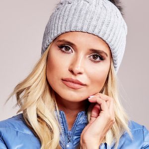 Wholesale Grey hat with ribbing and fur pom