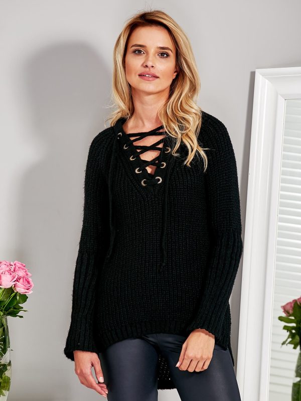 Wholesale V-neck sweater lace up black