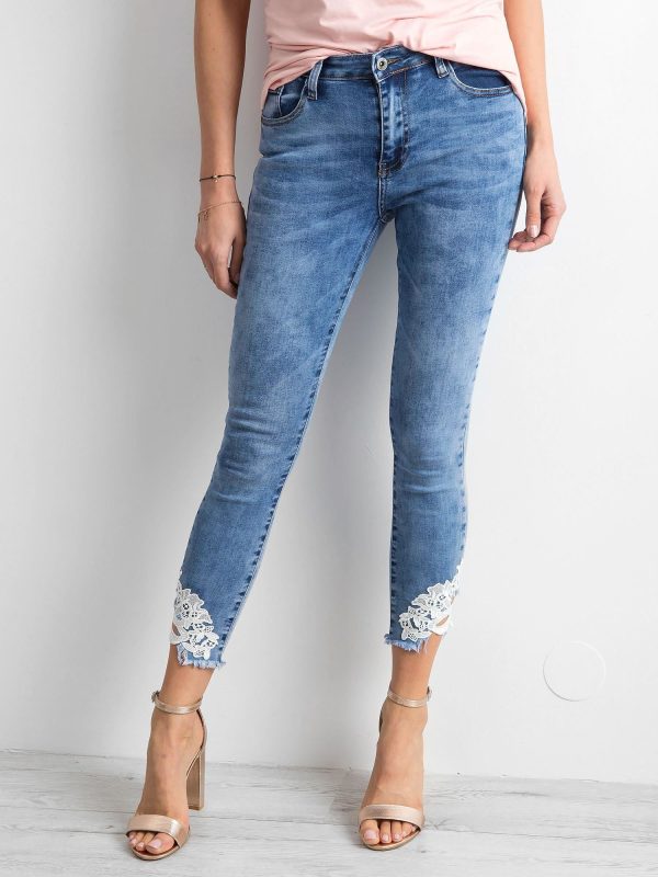 Wholesale Blue fitted jeans with lace