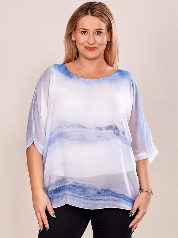 Wholesale White and blue blouse in painting patterns PLUS SIZE