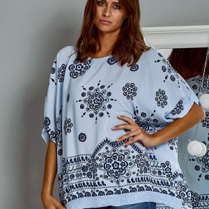 Wholesale Eairy oversize blouse with folk pattern blue