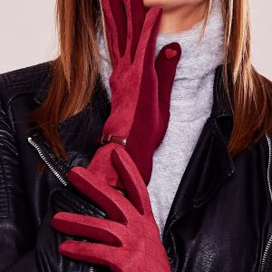 Wholesale Burgundy insulated gloves with bow and openwork