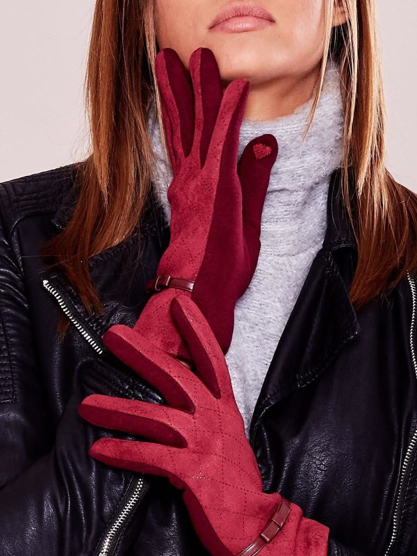 Wholesale Burgundy insulated gloves with bow and openwork