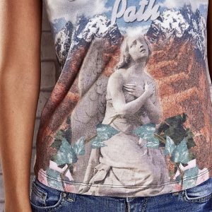 Wholesale Blue t-shirt in roses with mountain and sky print