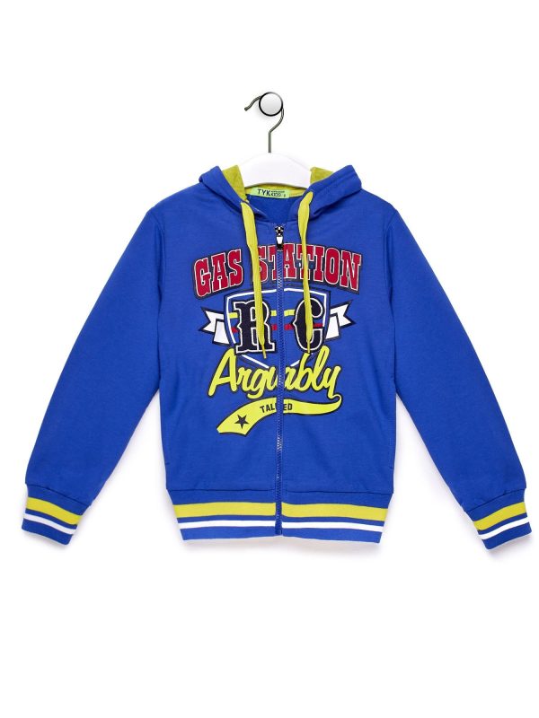 Wholesale Blue boy's sweatshirt with hoodie and prints