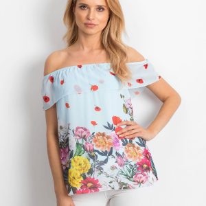 Wholesale Eairy Spanish blouse with floral flounce blue