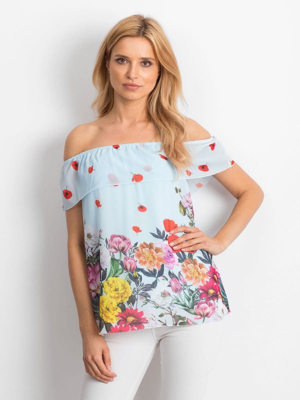 Wholesale Eairy Spanish blouse with floral flounce blue