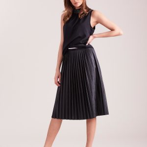 Wholesale Black Pleated Eco Leather Midi Skirt