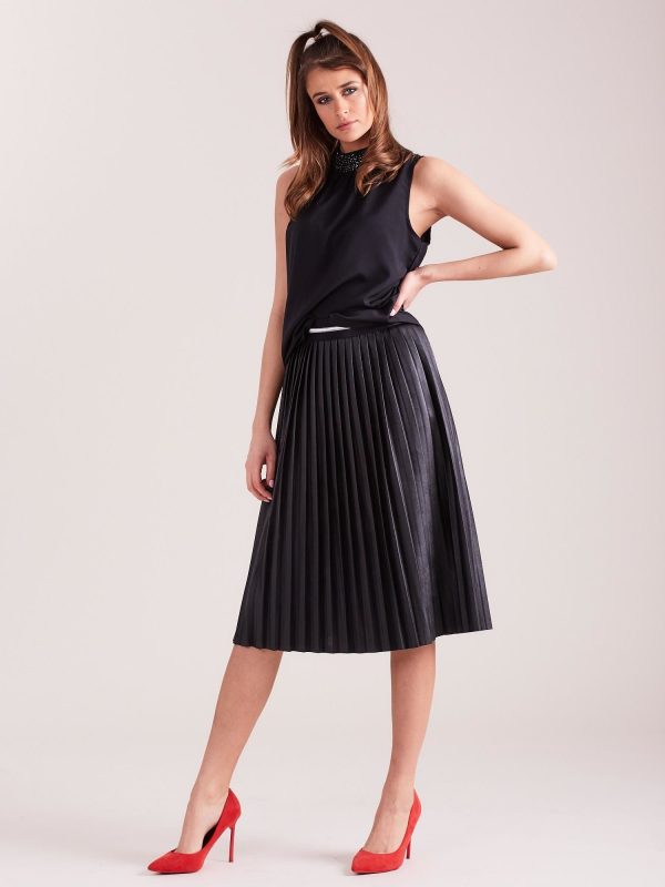 Wholesale Black Pleated Eco Leather Midi Skirt