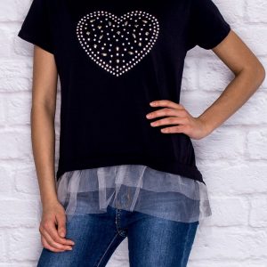 Wholesale Navy blue t-shirt with glossy applique and tulle insert