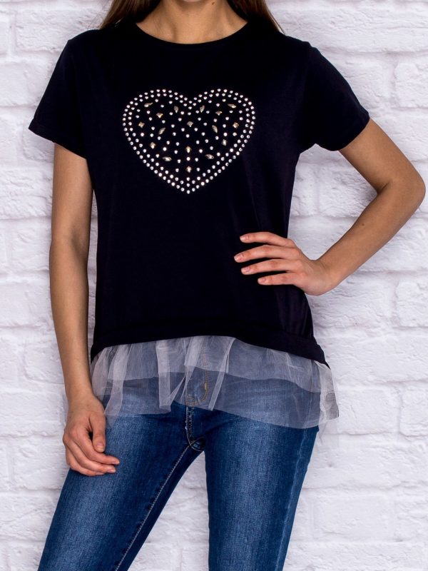 Wholesale Navy blue t-shirt with glossy applique and tulle insert