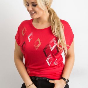 Wholesale Red T-shirt with geometric motif PLUS SIZE