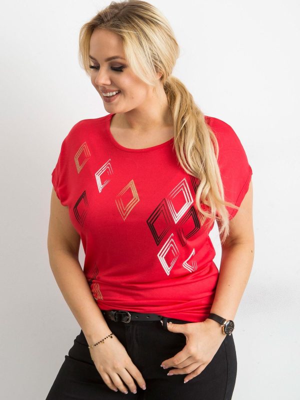 Wholesale Red T-shirt with geometric motif PLUS SIZE