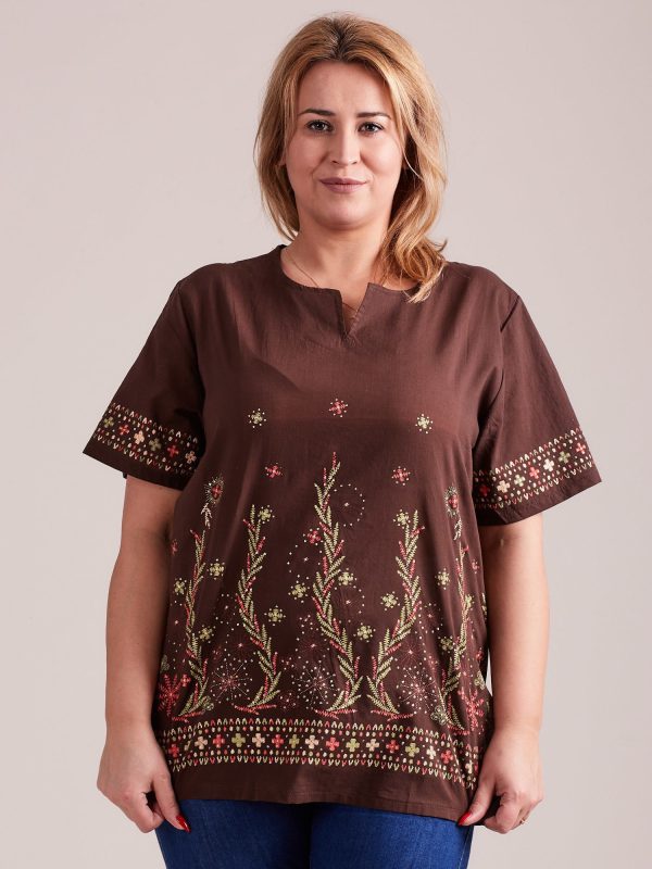 Wholesale Patterned shirt blouse brown PLUS SIZE