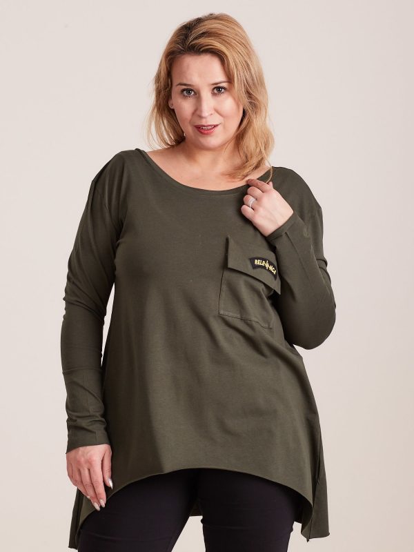 Wholesale Khaki asymmetrical blouse with pocket PLUS SIZE