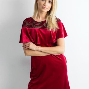 Wholesale Burgundy velour dress with flounce