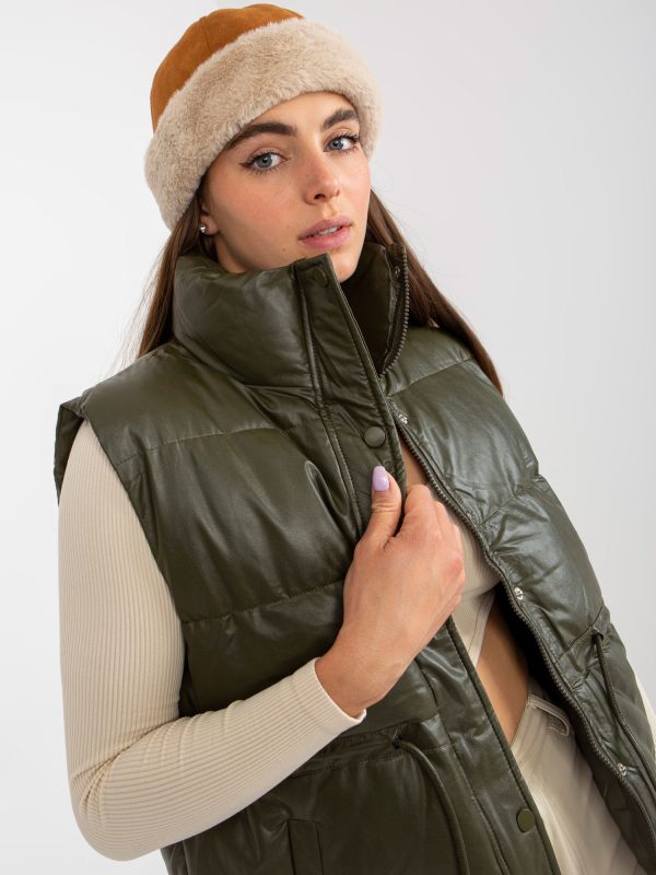 Wholesale Khaki down eco leather vest with pockets