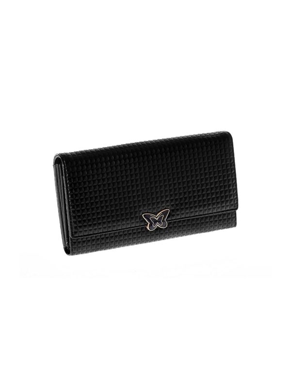 Wholesale Women's Black Leather Wallet with Embossed Plaid