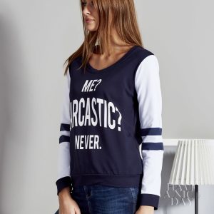 Wholesale Women's sweatshirt with the words ME? SARCASTIC? NEVER navy blue