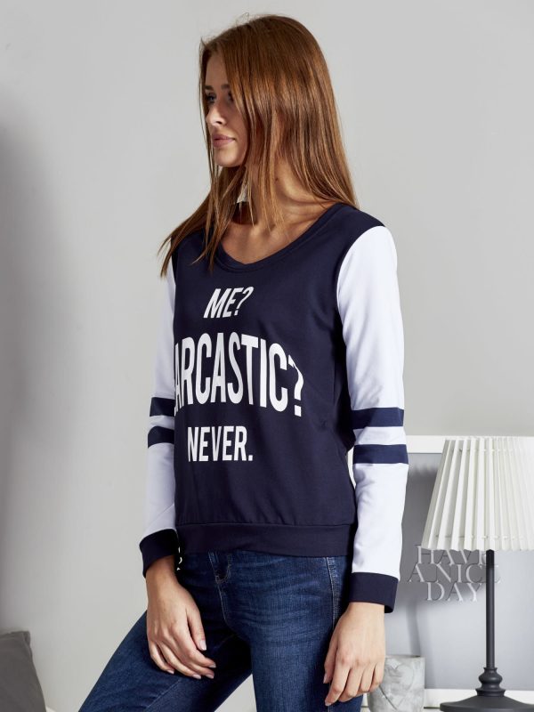 Wholesale Women's sweatshirt with the words ME? SARCASTIC? NEVER navy blue