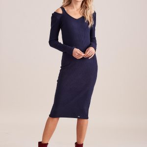 Wholesale Navy blue fitted cold shoulder dress