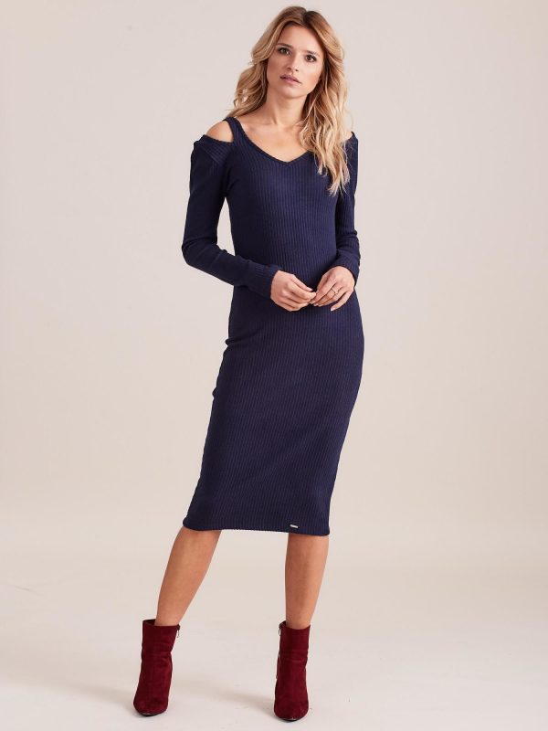 Wholesale Navy blue fitted cold shoulder dress