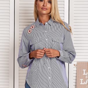 Wholesale Women's small striped shirt with patches blue