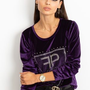 Wholesale Women's velvet sweatshirt with beads and rhinestones purple