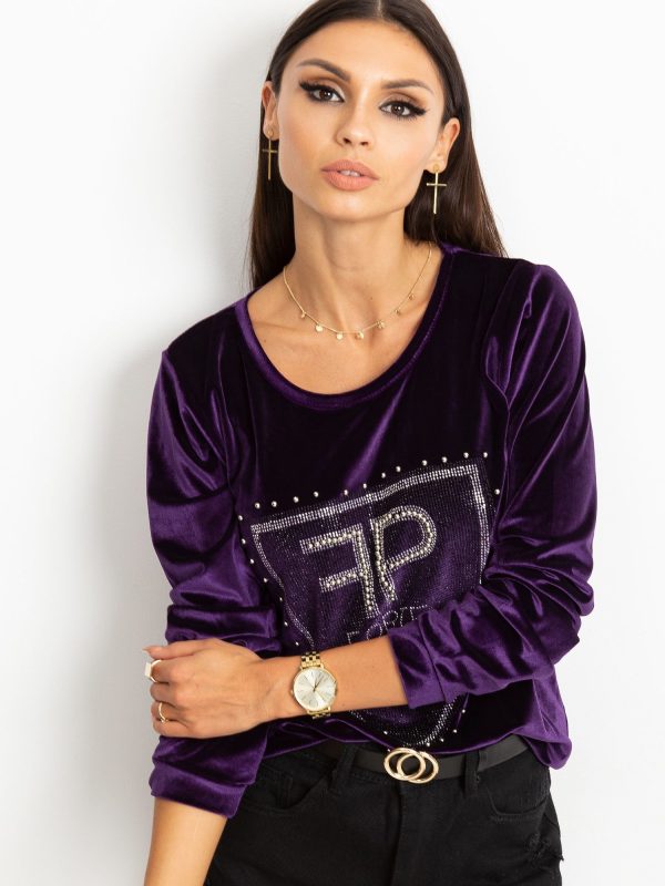 Wholesale Women's velvet sweatshirt with beads and rhinestones purple