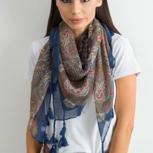 Wholesale Dark blue scarf with print and fringes