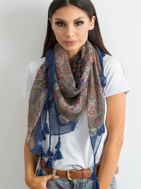 Wholesale Dark blue scarf with print and fringes