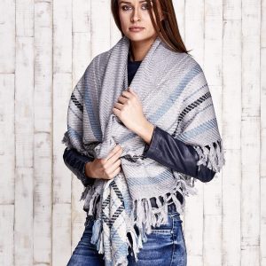 Wholesale Ecru-blue knitted scarf with fringes