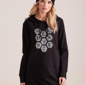 Wholesale Black sweatshirt tunic with hood and applique