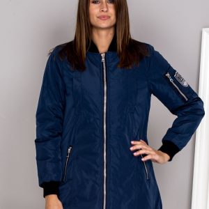 Wholesale Long bomber jacket with silver zippers and navy blue