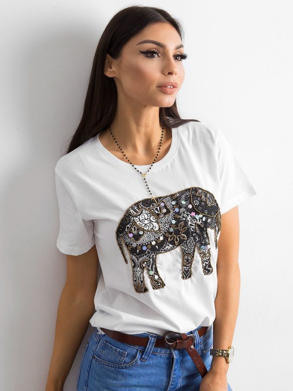 Wholesale White Cotton T-Shirt with Applique