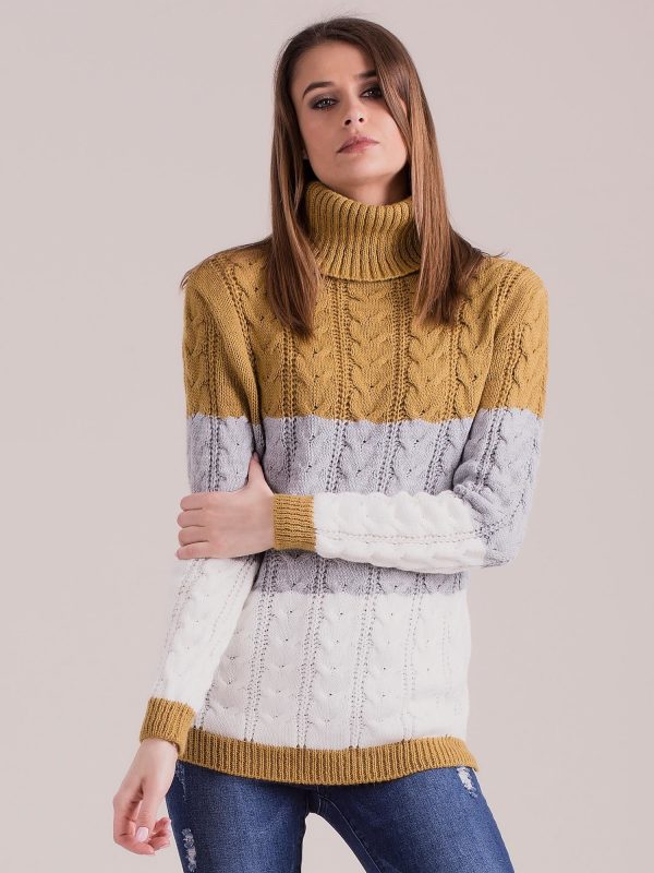 Wholesale Mustard turtleneck sweater with braids