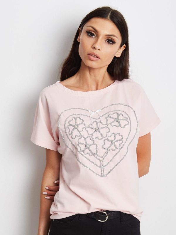 Wholesale Pink t-shirt with embroidered heart