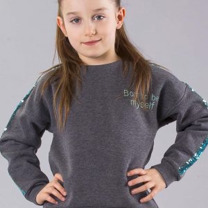 Wholesale Graphite padded girl sweatshirt with sequins on sleeves