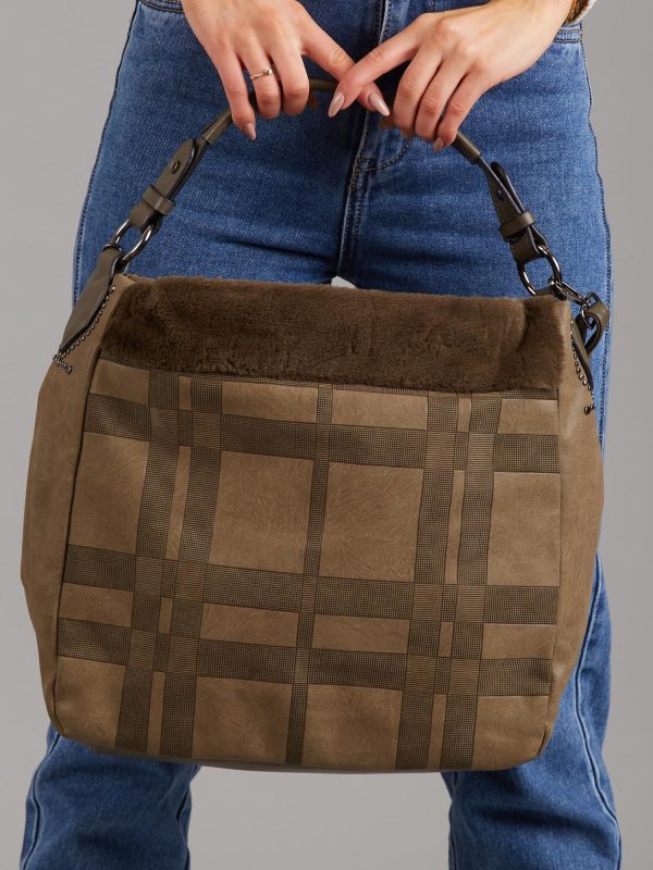 Wholesale Khaki checked bag with fur