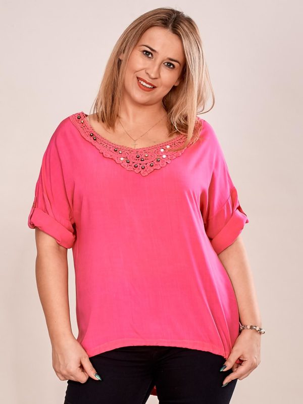 Wholesale Dark pink oversize blouse with lace insert and plus size beads