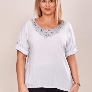 Wholesale Grey oversize blouse with lace insert and plus size beads