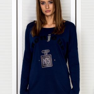 Wholesale Women's blouse with perfume motif and rhinestones navy blue