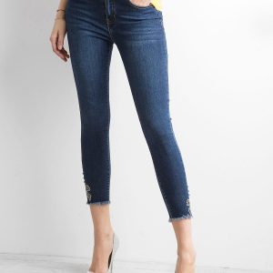 Wholesale Dark blue ankle jeans trousers with applique