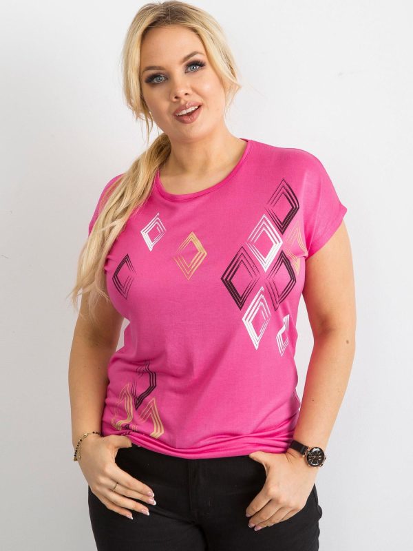 Wholesale Dark pink T-shirt with geometric motif PLUS SIZE