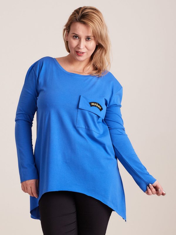 Wholesale Blue asymmetrical blouse with pocket PLUS SIZE